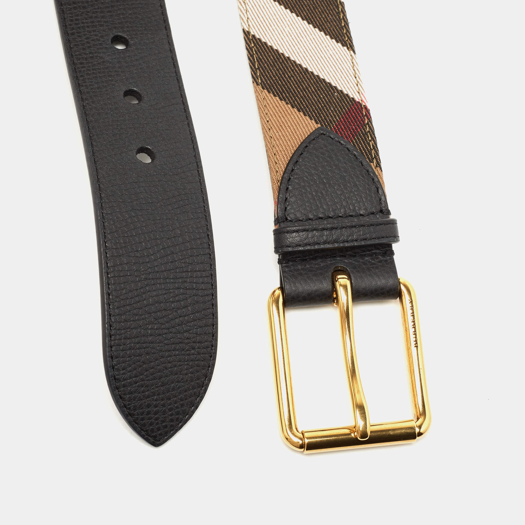 Burberry Black/Beige House Check Fabric and Leather Mark Buckle Belt 105CM  Burberry