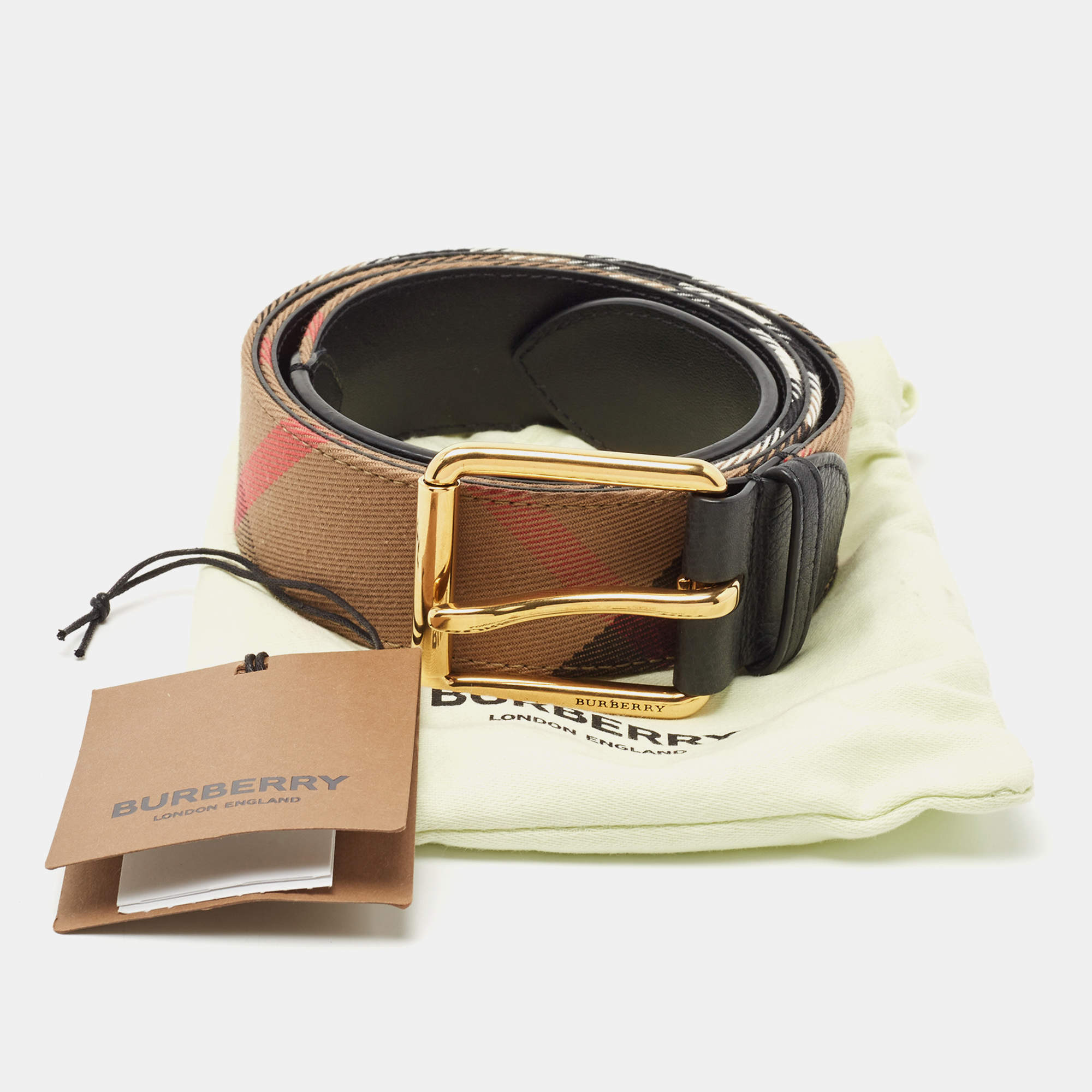 Burberry Black/Beige House Check Fabric and Leather Mark Buckle Belt 105CM  Burberry