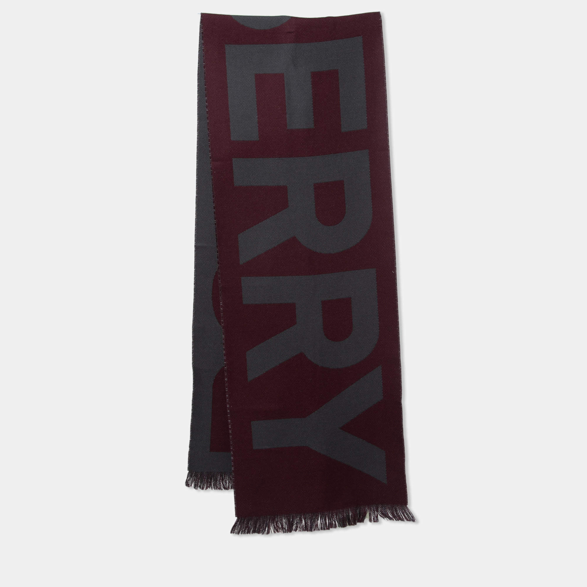 Burberry Maroon/Grey Logo Text Wool Football Scarf