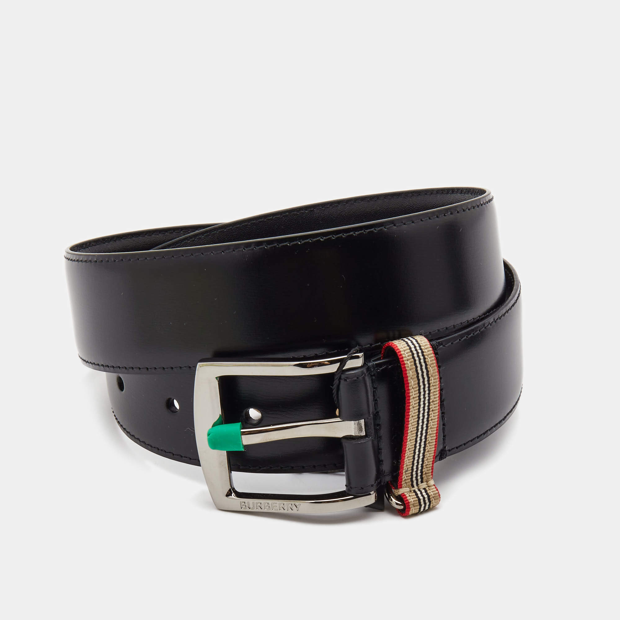 Burberry Black Leather Gray Buckle Belt 85CM