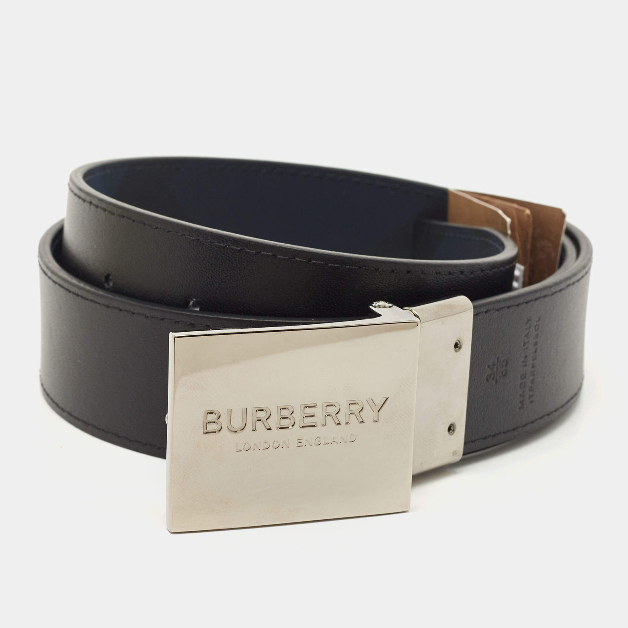 Burberry Check and Leather Reversible TB Belt , Size: 85