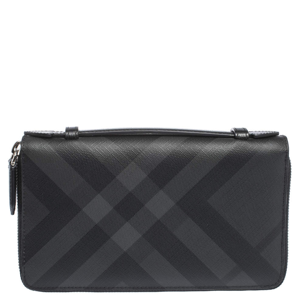 Burberry Black House Check Coated Canvas and Leather Reeves Double Zip Wallet 