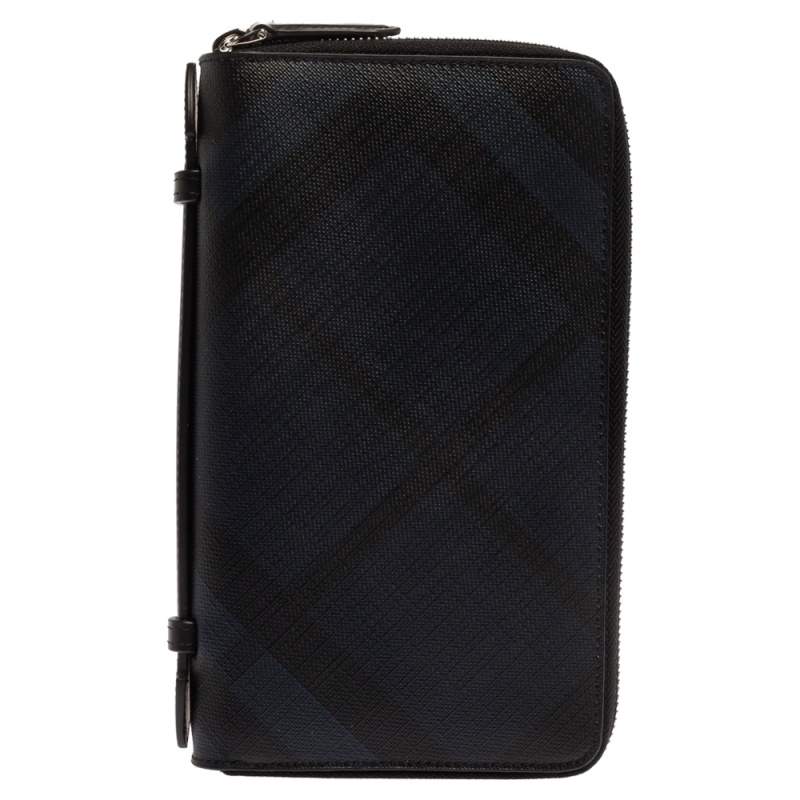 Burberry Navy Blue Coated Canvas Reeves Double Zip Wallet