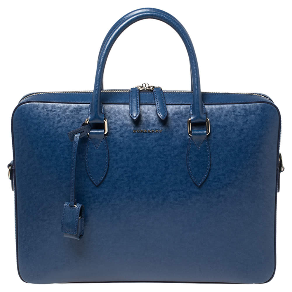 Pre Owned Burberry Deep Blue Leather Hambleton Briefcase