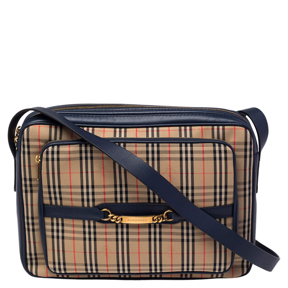 Burberry Blue Beige 1983 Knight Check Canvas and Leather Camera Bag