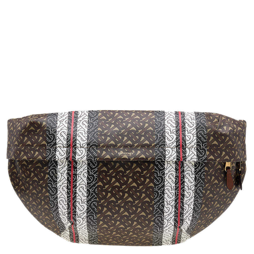 Burberry Brown/White TB Monogram Stripe Coated Canvas Extra Large Belt Bag
