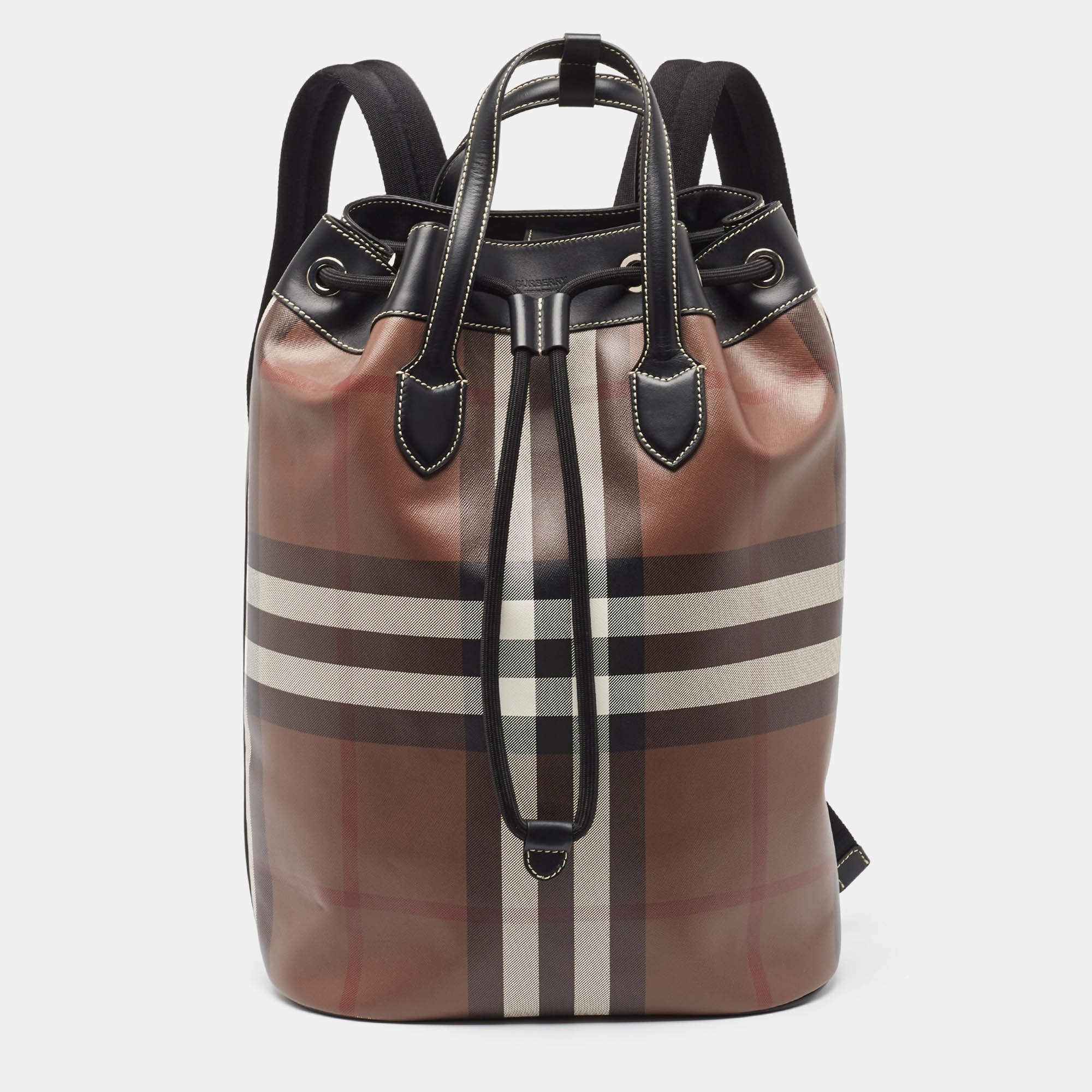 Burberry Dark Birch Brown Check Coated Canvas and Leather Drawcord Backpack
