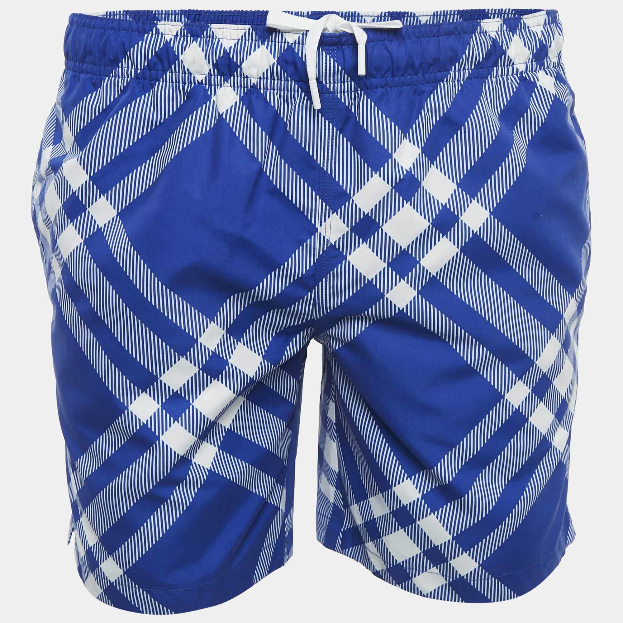 Burberry Blue Tri Bar Checks Synthetic Swim Shorts XS
