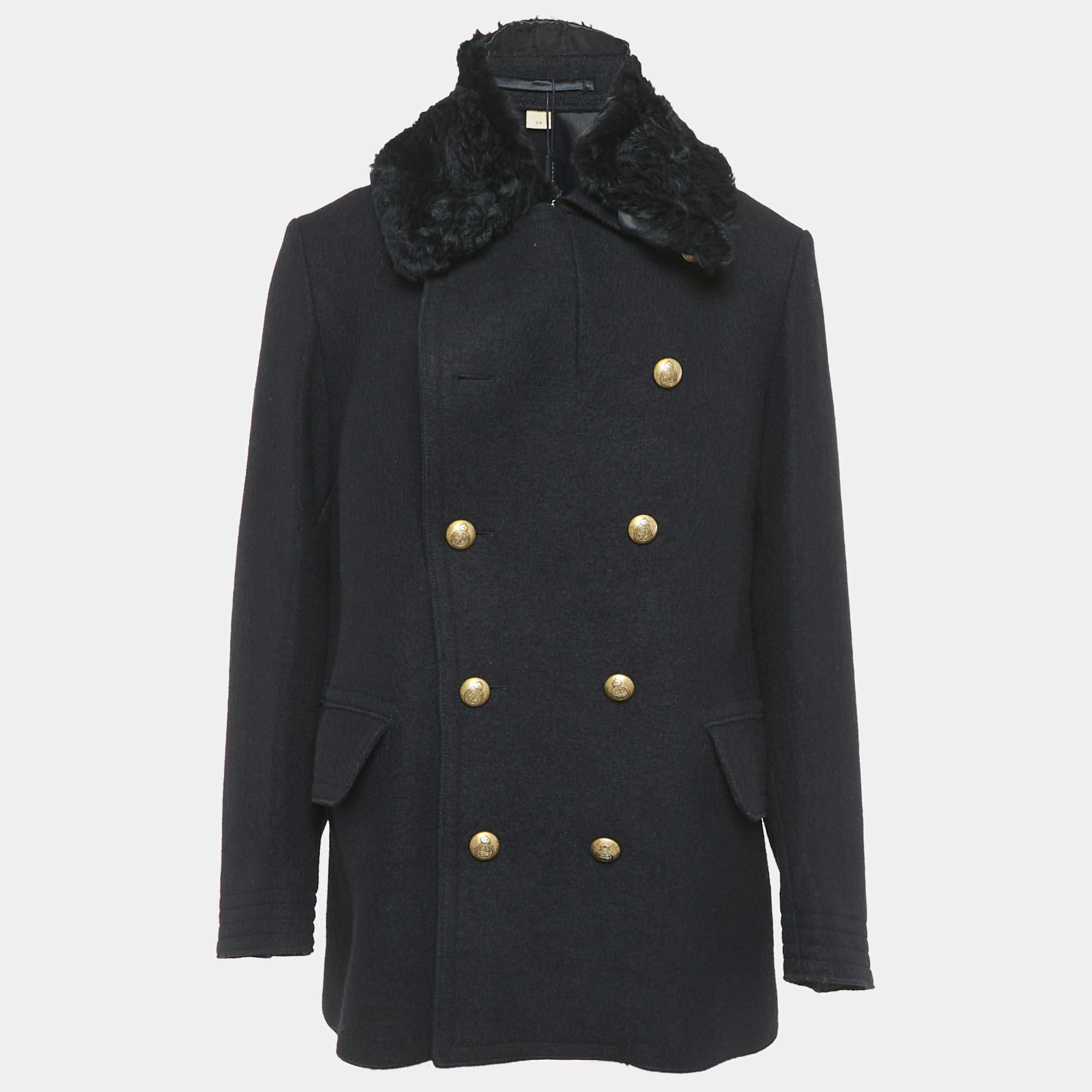 Burberry Black Wool Fur Collar Detail Double Breasted Coat XXL