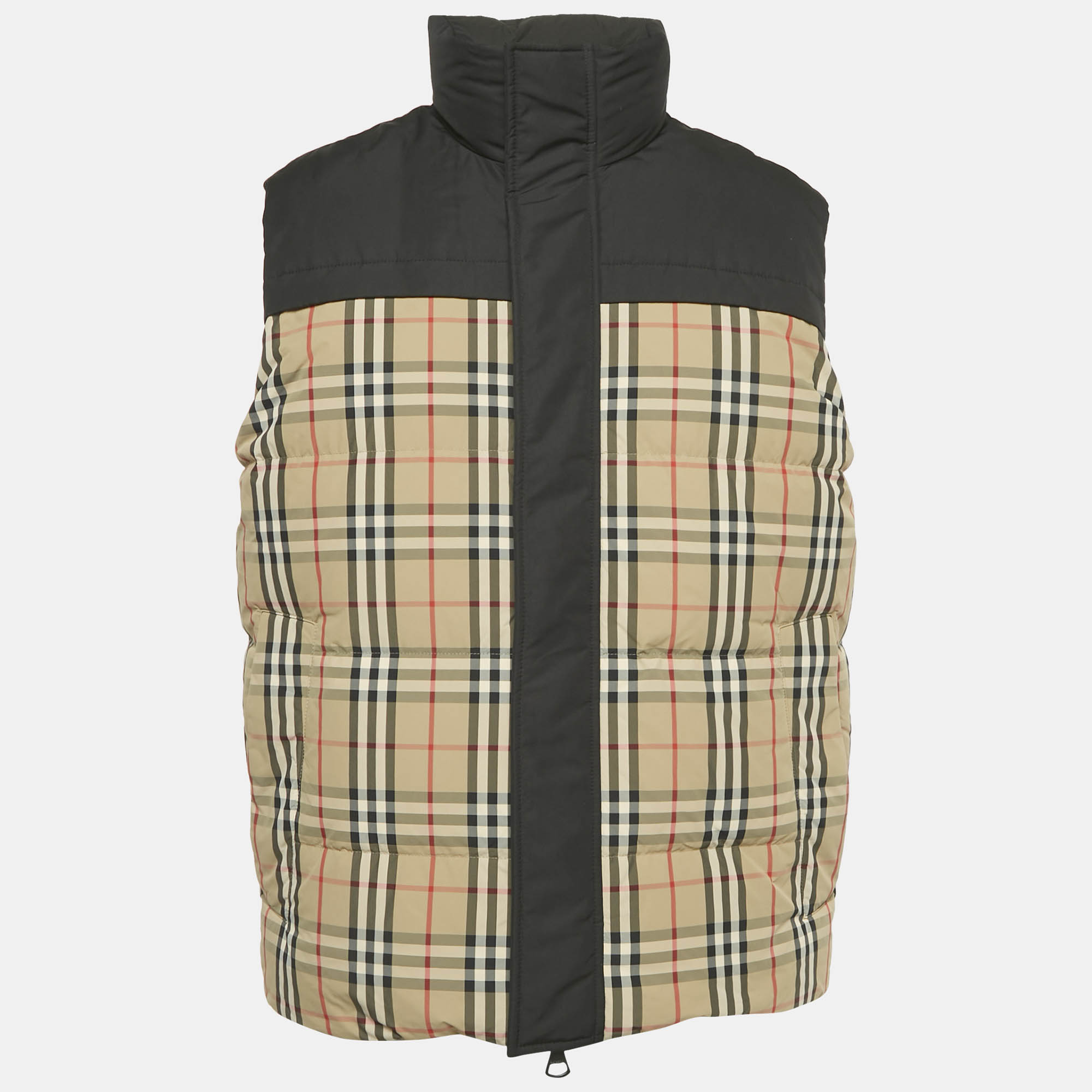 Pre Owned Burberry Black/Archive Beige Checks Nylon Reversible Down Vest XS