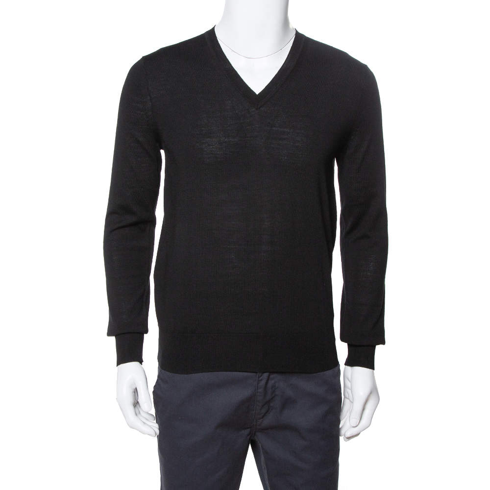 Pre Owned سويتر بربري رقبة حرف في صوف مارينو أسود S