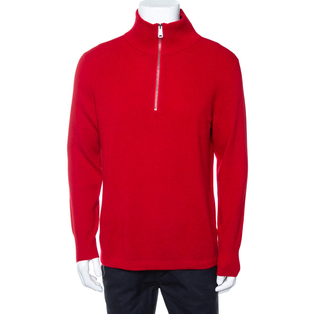 Burberry Red Cashmere Hendon Quarter Zip Sweater L Burberry TLC