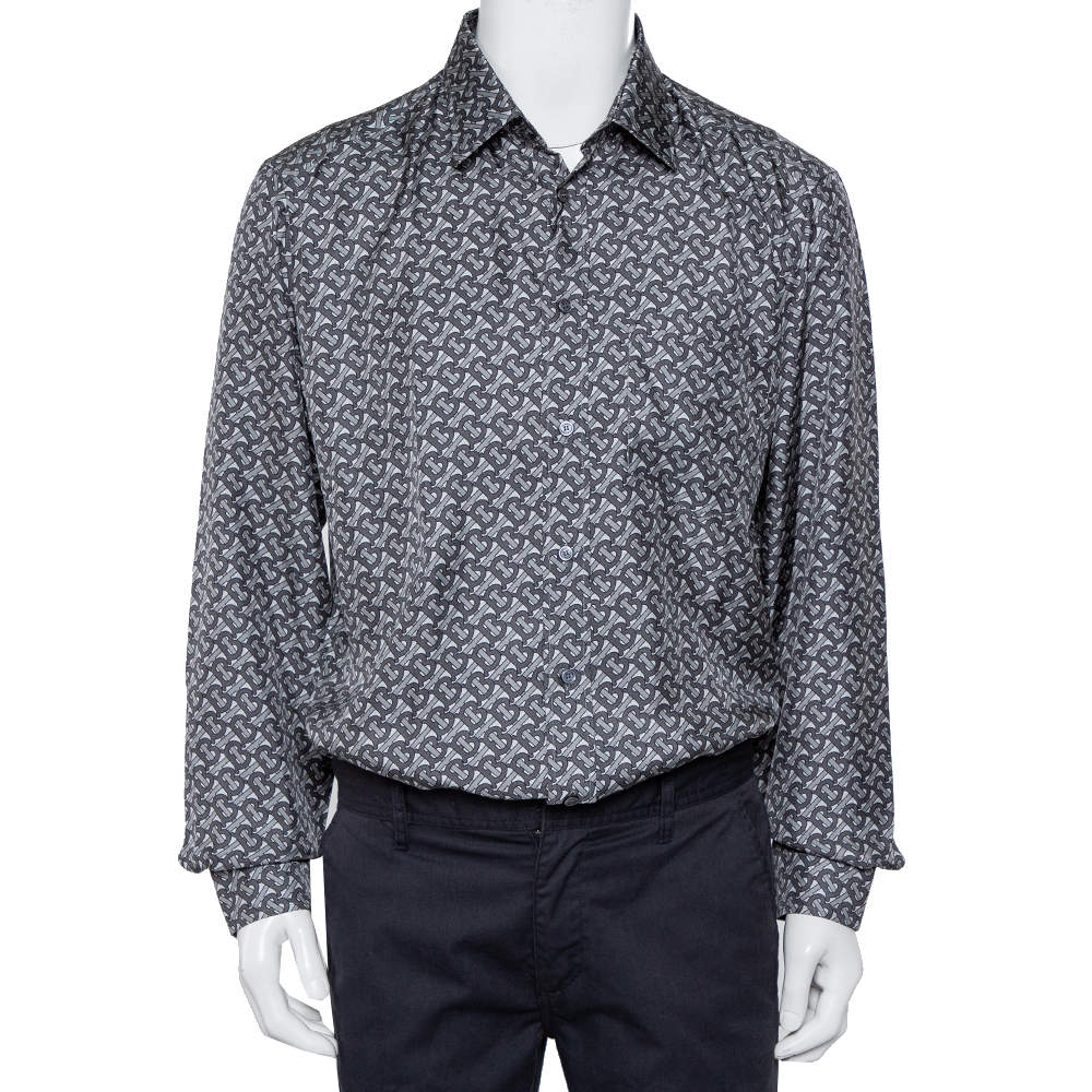 مملوكة مسبقًا Burberry Grey Logo Monogram Printed Silk Button Front Shirt XL