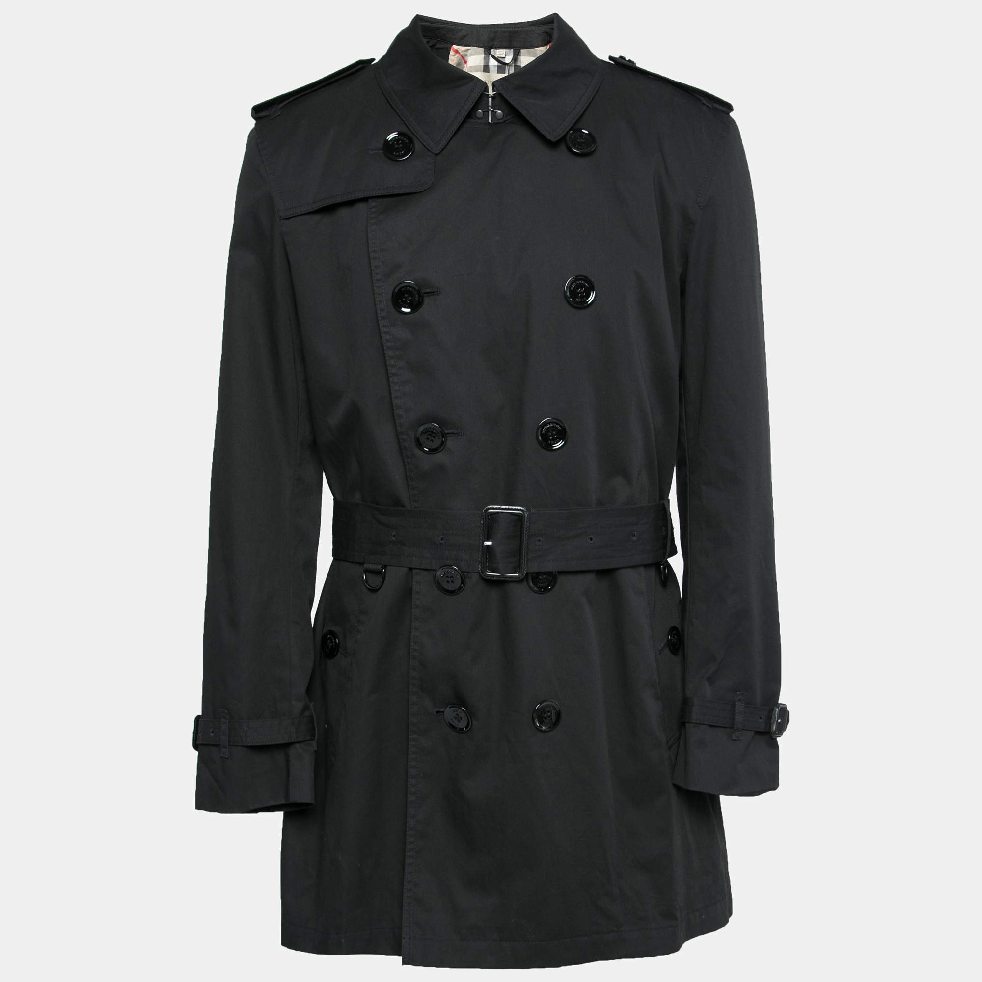 Pre Owned Burberry Brit Black Cotton Double Breasted Belted Lightweight Trench Coat L