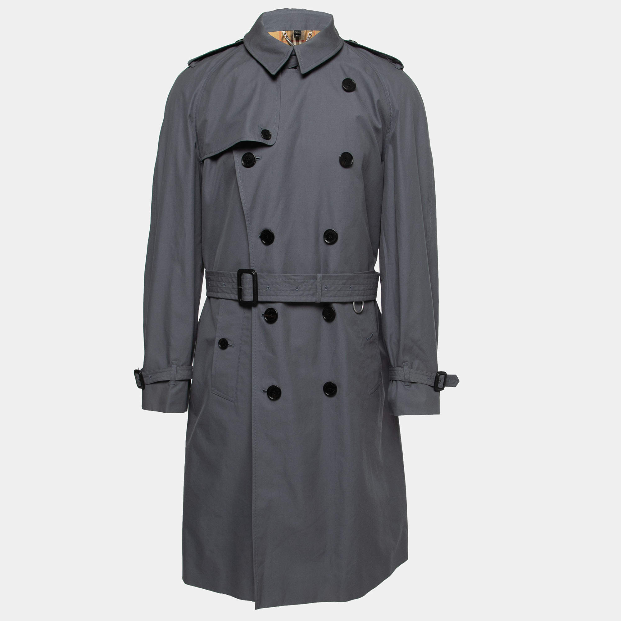 Burberry Grey Cotton Double Breasted Belted Lightweight Trench Coat XL