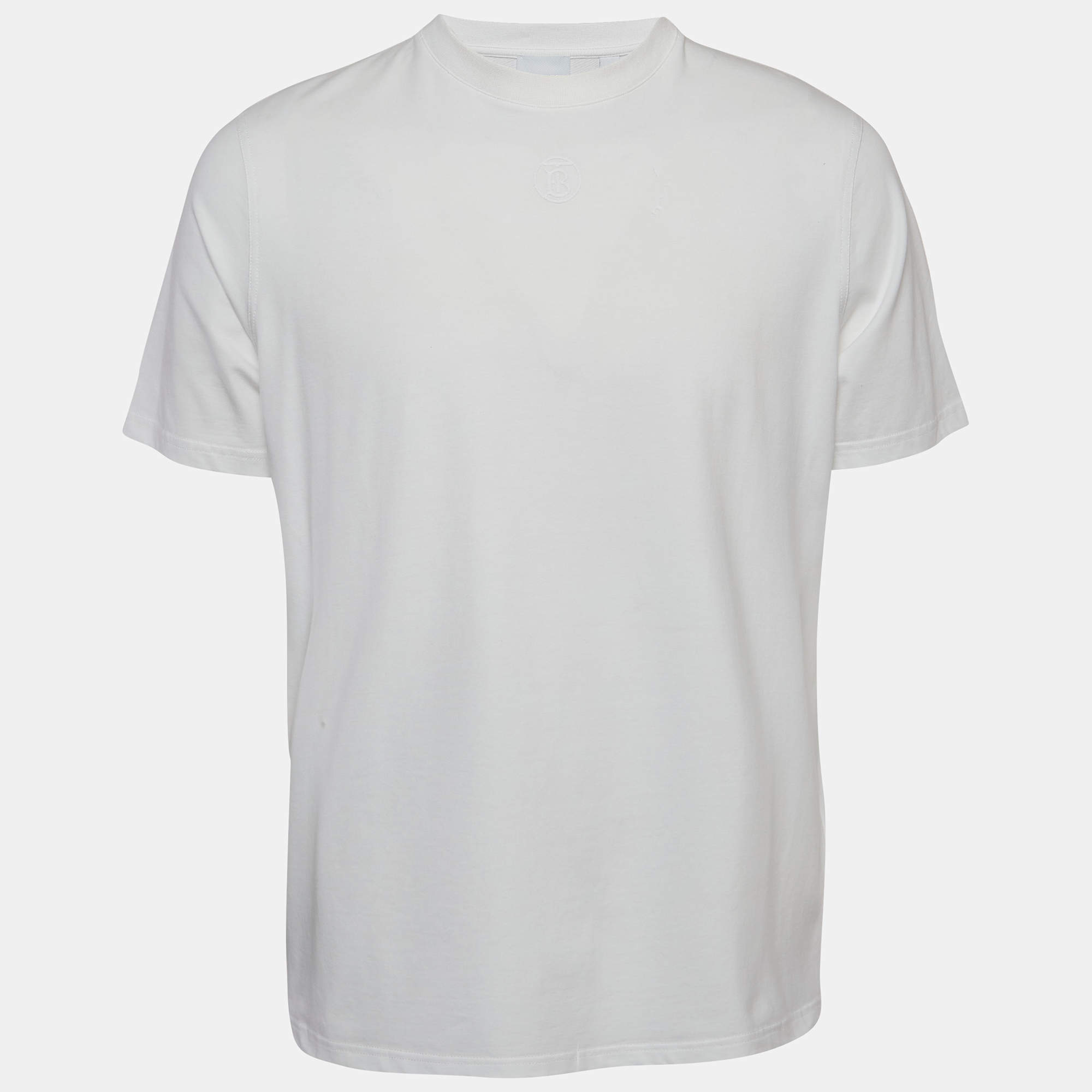 Pre Owned Burberry White Logo Embroidered Cotton Crew Neck T-Shirt XL