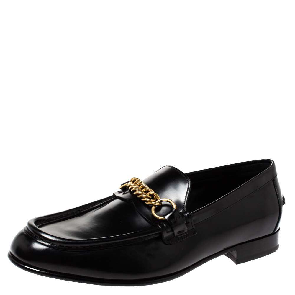 Pre Owned  Burberry Black Leather Solway Chain Detail Slip On Loafers Size 44