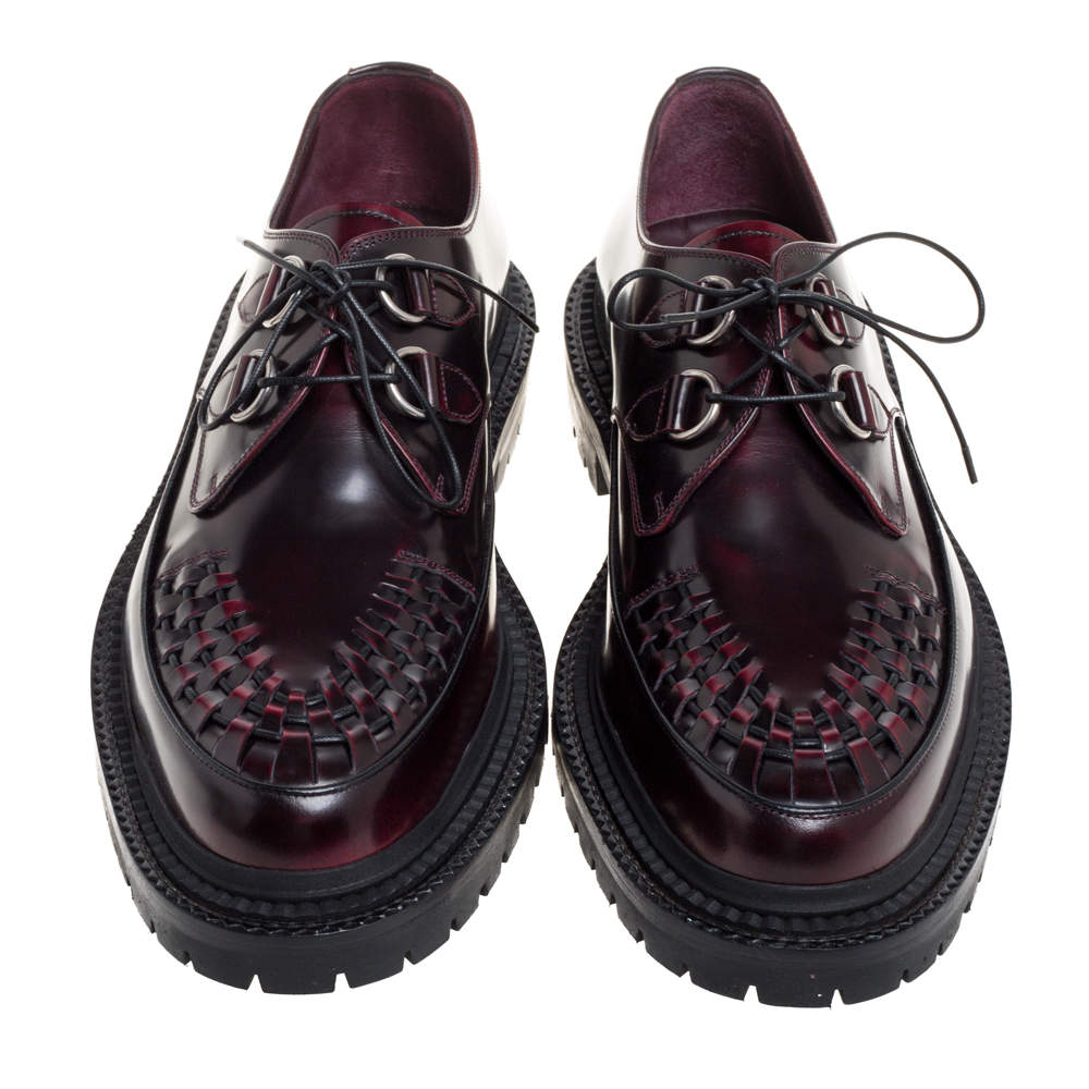 Burberry Burgundy Leather Woven Toe Detail Lace Up Platform Creepers Size  44 Burberry | TLC