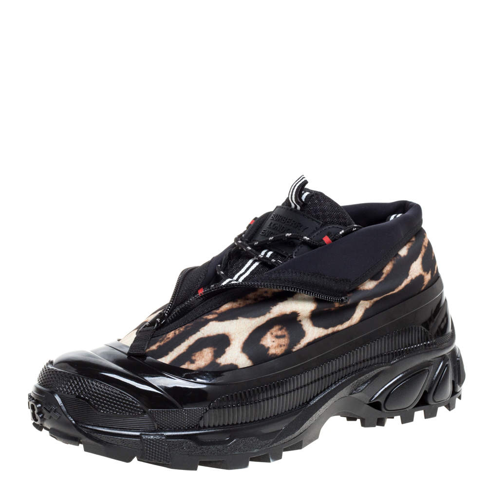 Burberry Black Mesh And Leopard Print Satin Arthur Low Top Sneakers Size 42.5