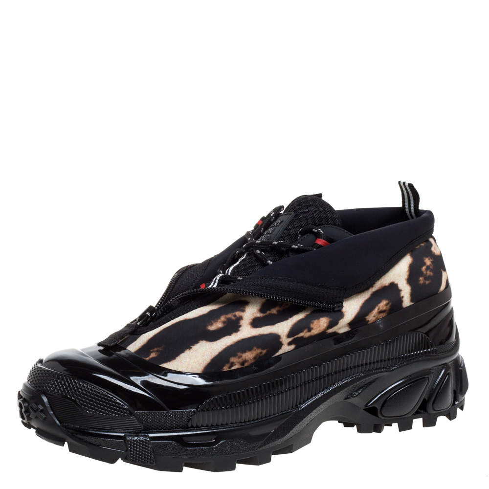 Burberry Black Mesh And Leopard Print Satin Arthur Low Top Sneakers Size 42