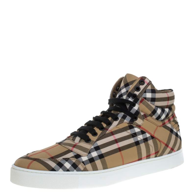 Burberry Beige Signature Check Canvas Reeth High Top Sneakers Size 44