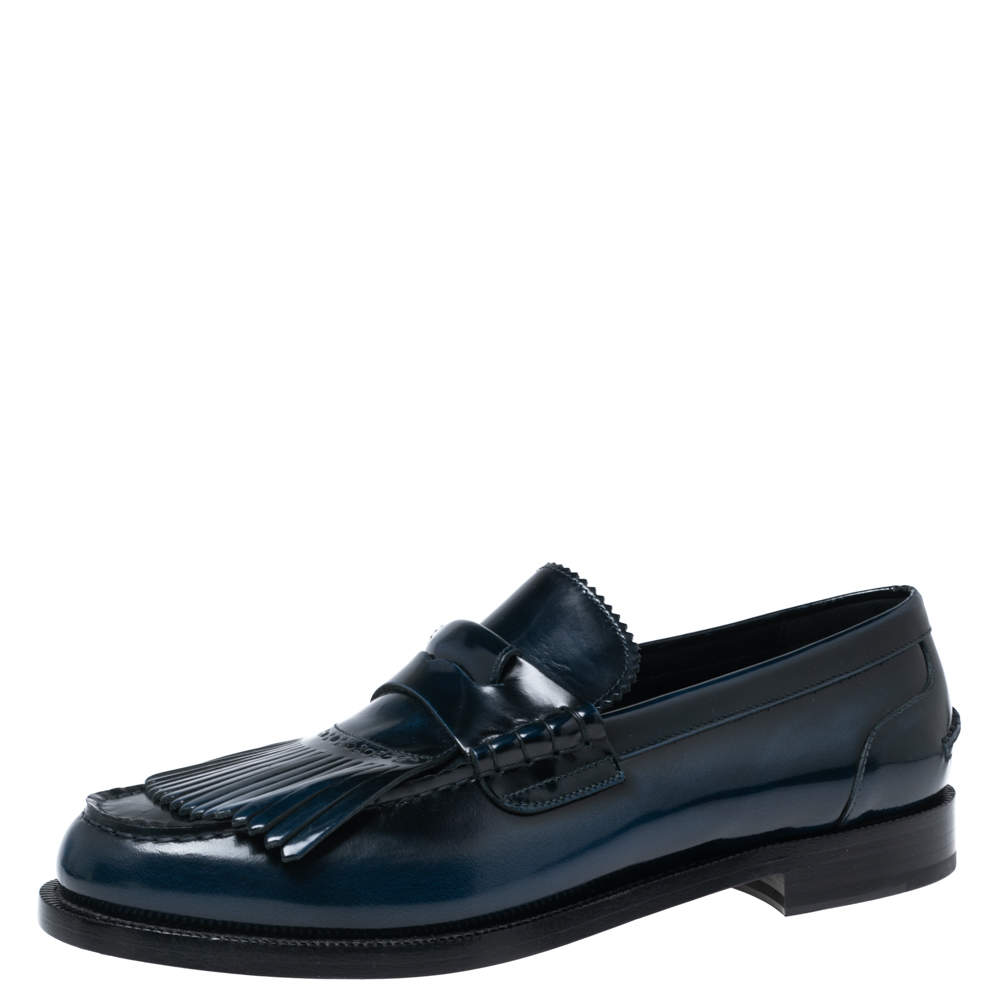 Pre Owned Burberry Navy Blue Leather Fringe Detail Penny Loafers Size 44 