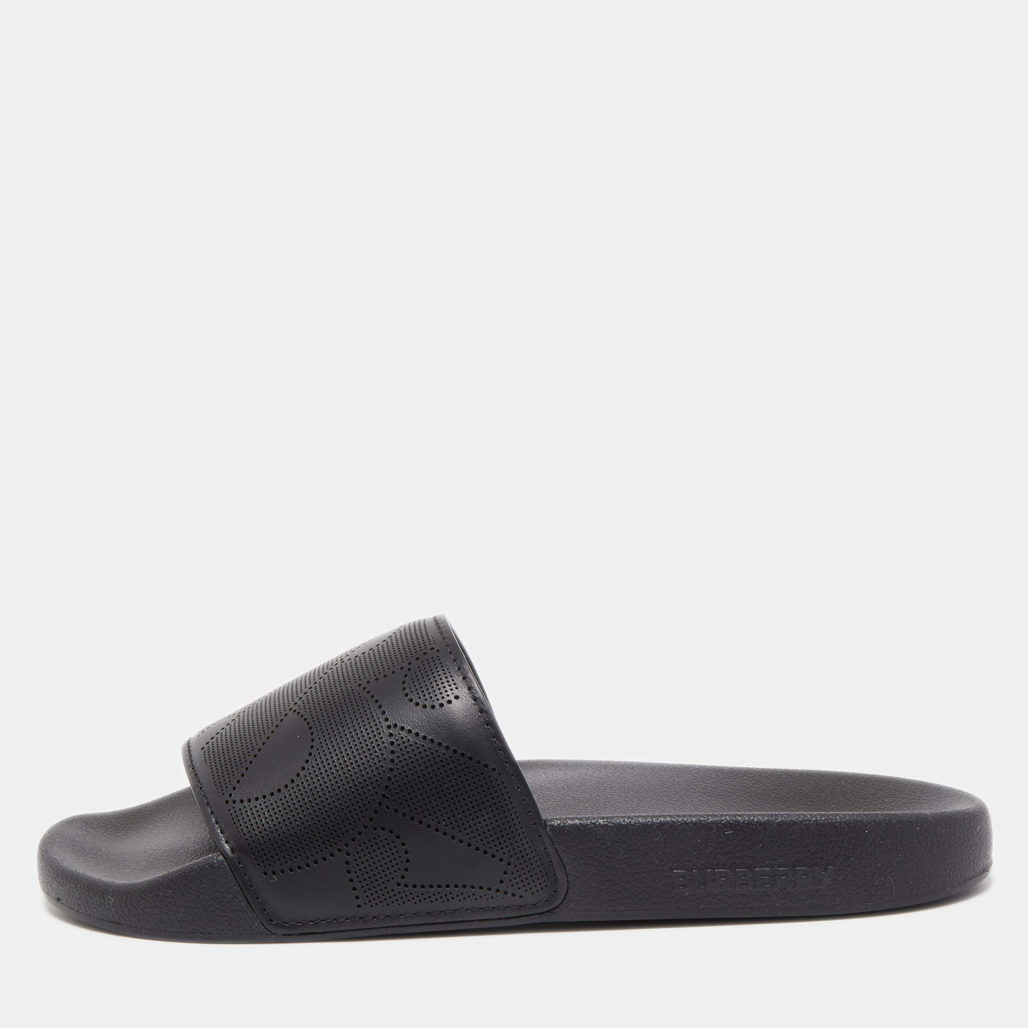 Burberry Black Perforated Leather Furley Flat Slides Size 40