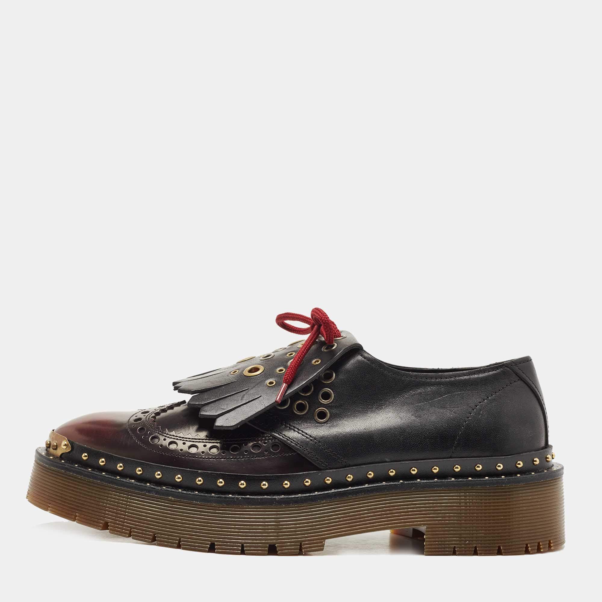 Pre Owned Burberry Black/Burgundy Brogue Leather Bissett Fringe Detail Lace Up Platform Derby Size 40