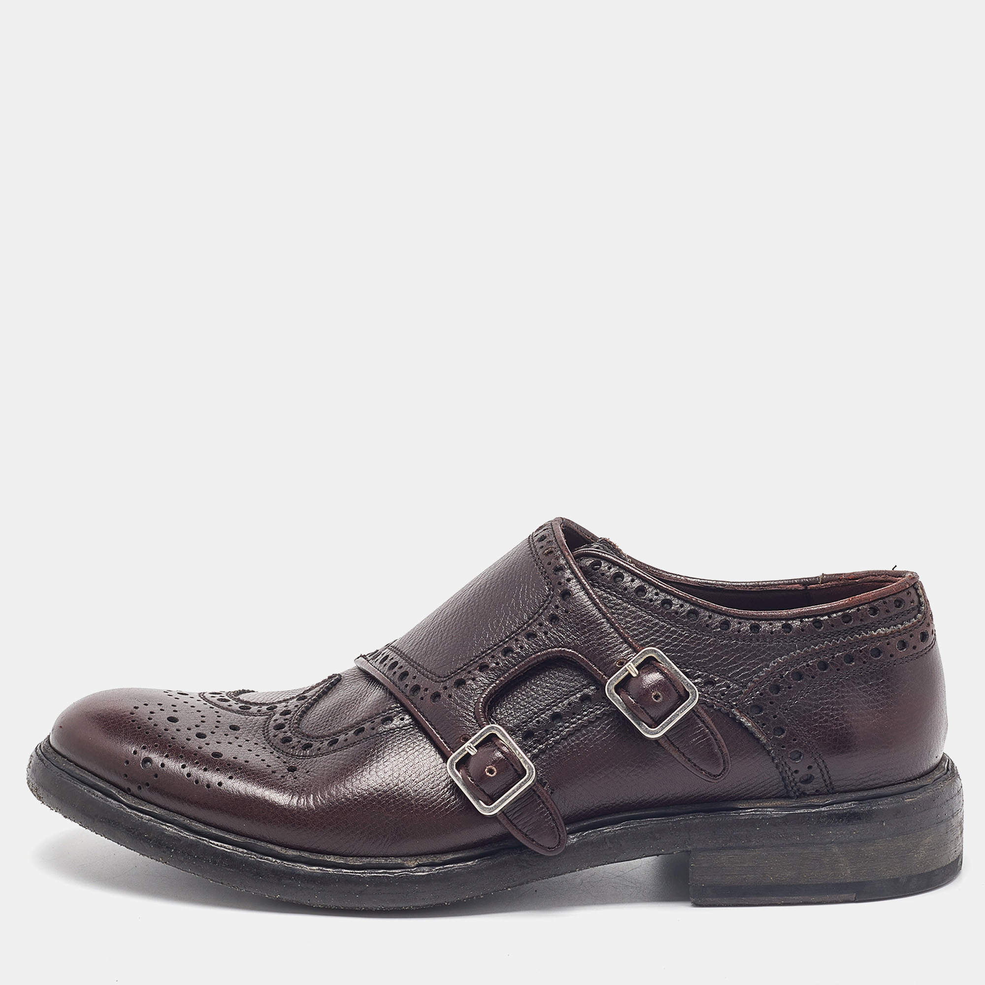 Burberry Burgundy Brogue Leather Delmar Monk Derby Size 40.5 