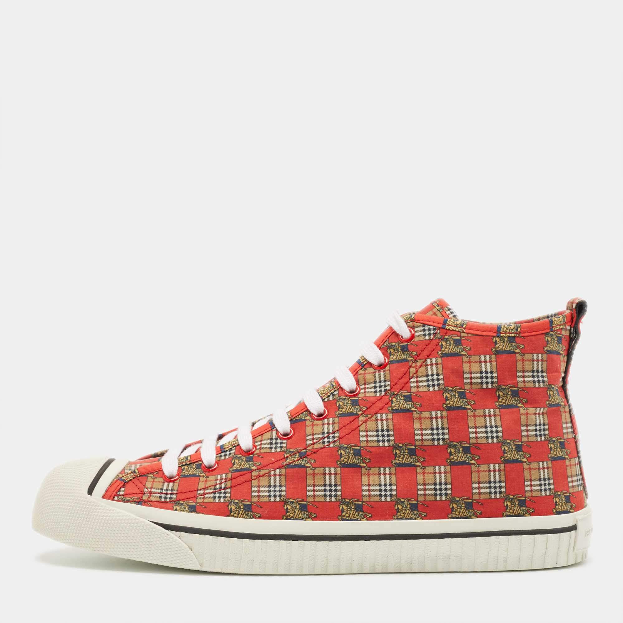 Burberry Red/Beige Canvas Kingly Print High Top Sneakers Size 45