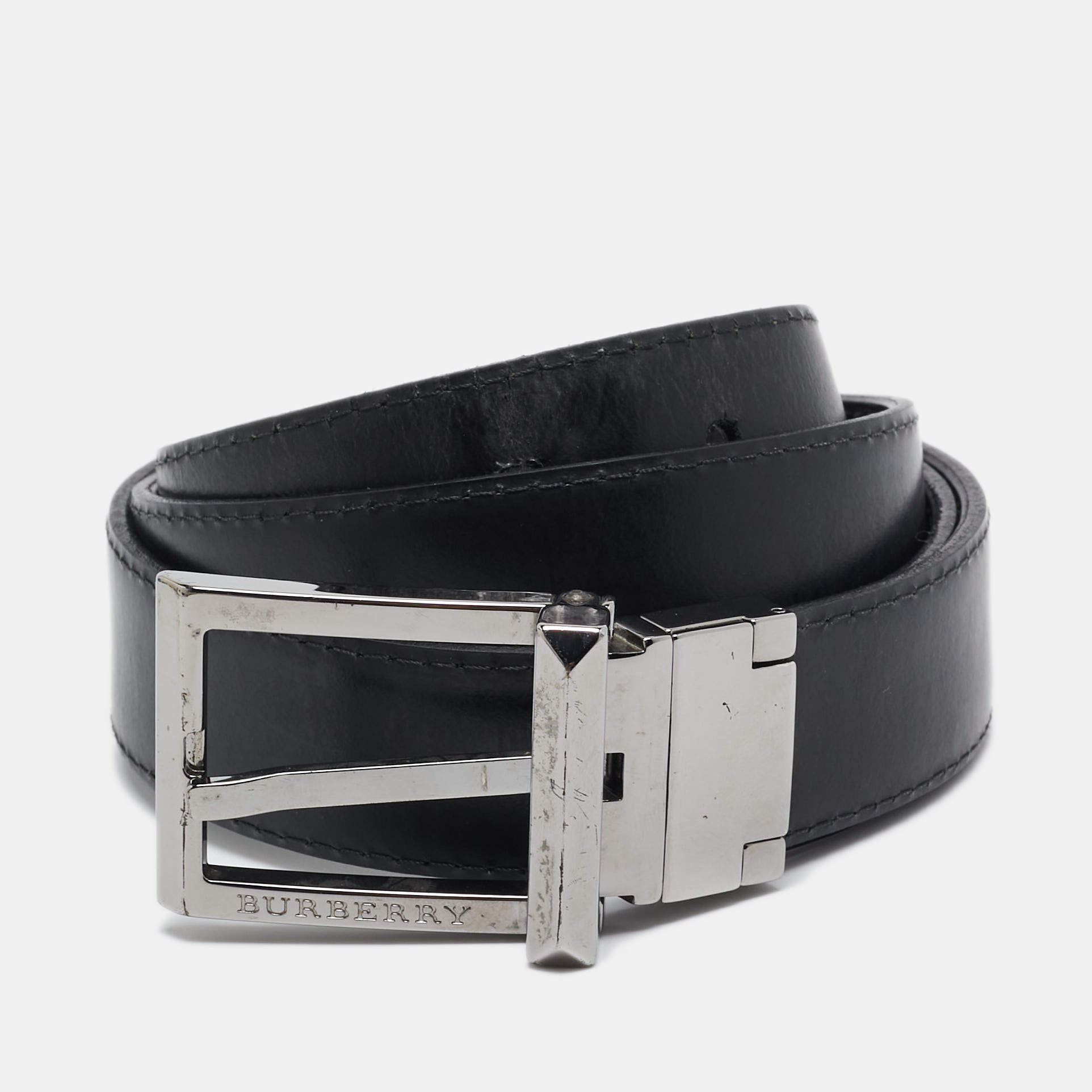 Burberry Black Smoke Check Coated Canvas and Leather Reversible Buckle Cut to Size Belt 