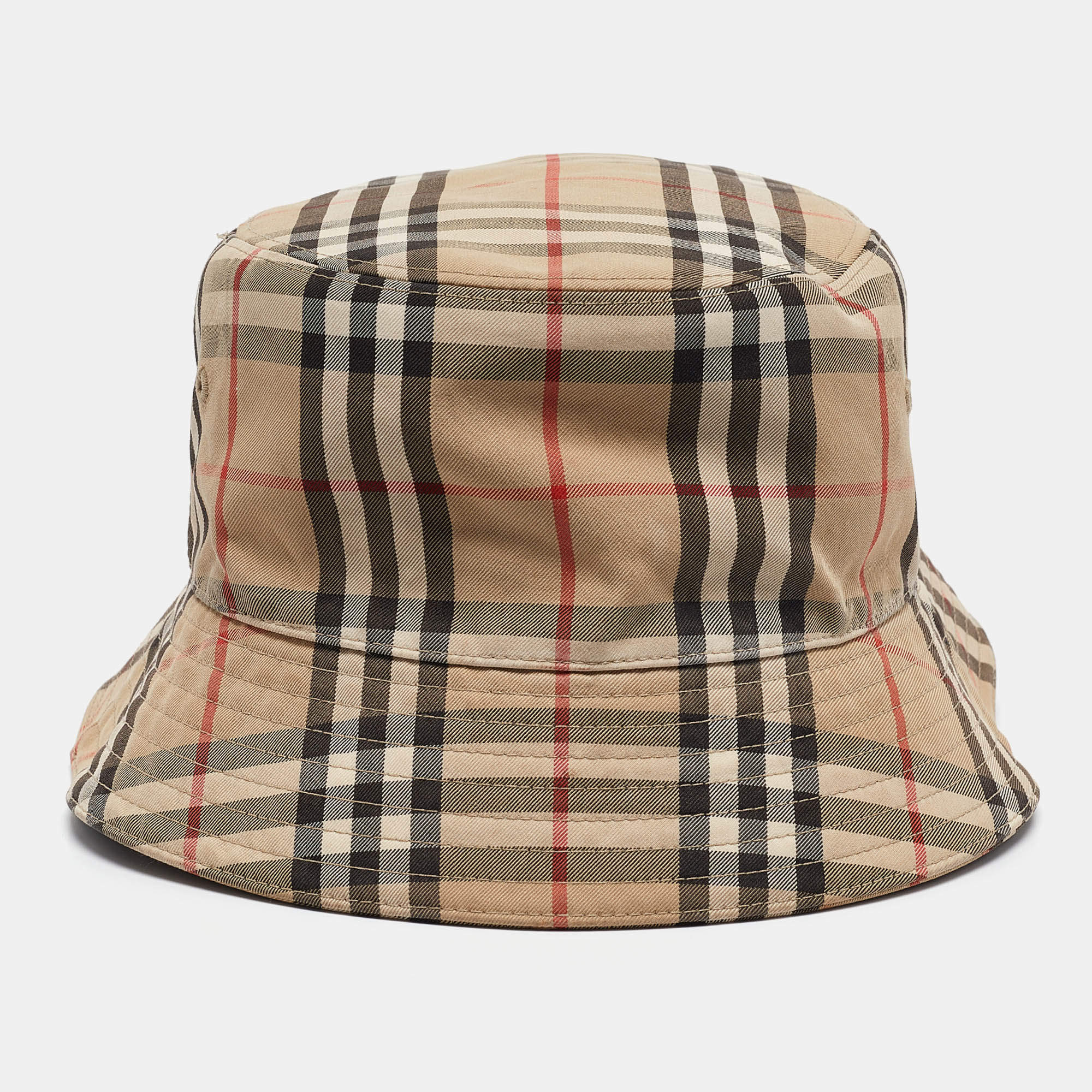 Pre Owned Burberry Brown Vintage Checks Cotton Blend Bucket Hat L