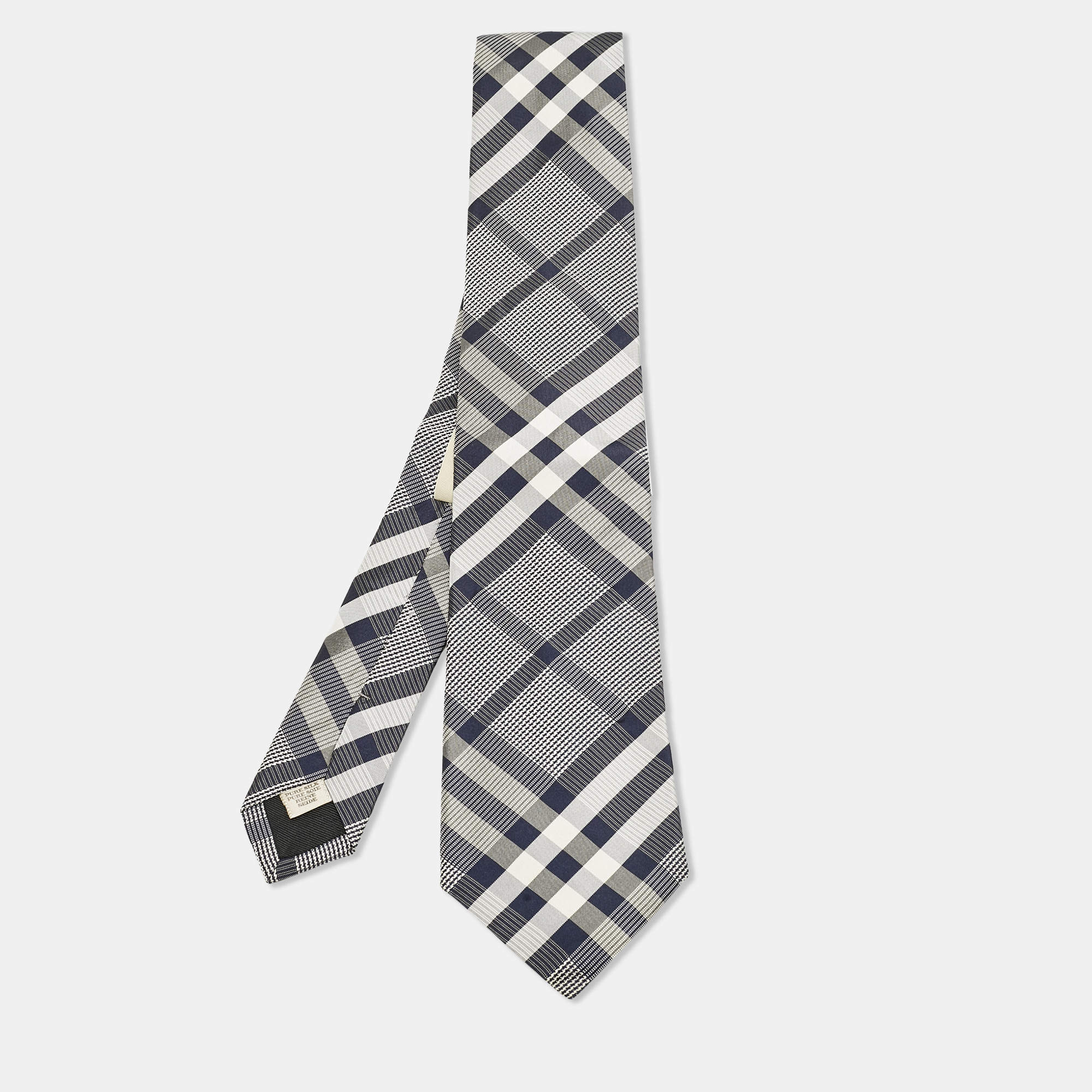 Burberry Navy Blue Check Pattern Silk Tie