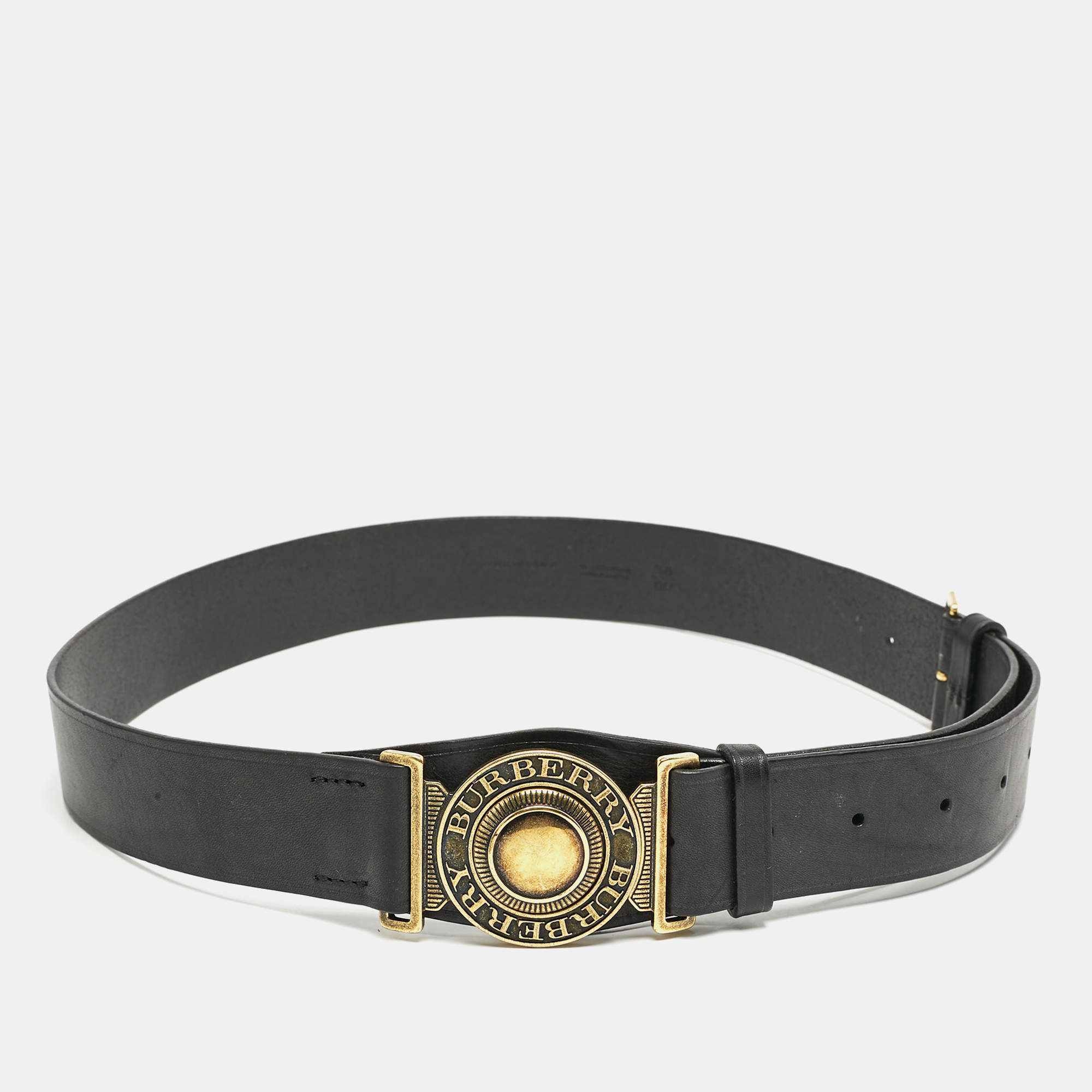 Burberry Black Leather Round Clasp Buckle Belt 90CM