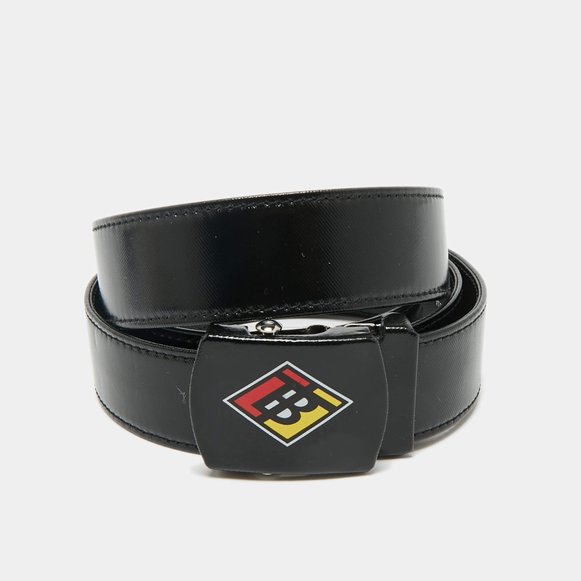 Pre Owned Burberry Black Coated Canvas and Leather TB Logo Plague Belt 90CM