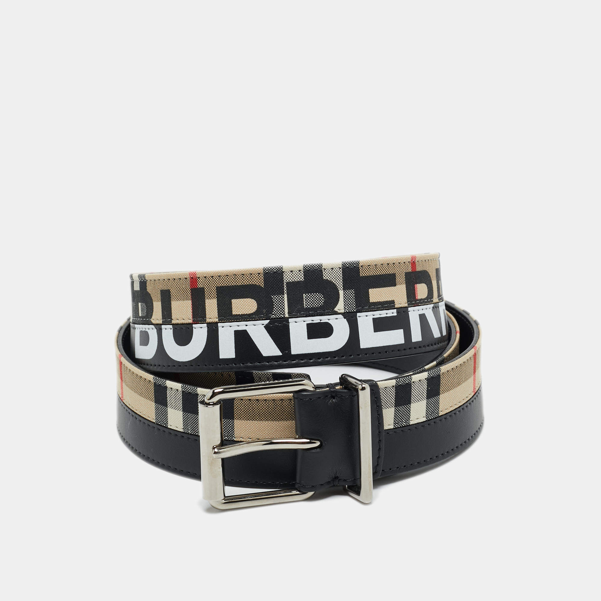 Pre Owned Burberry Black/Beige Housecheck Fabric and Leather Logo Buckle Belt 105CM