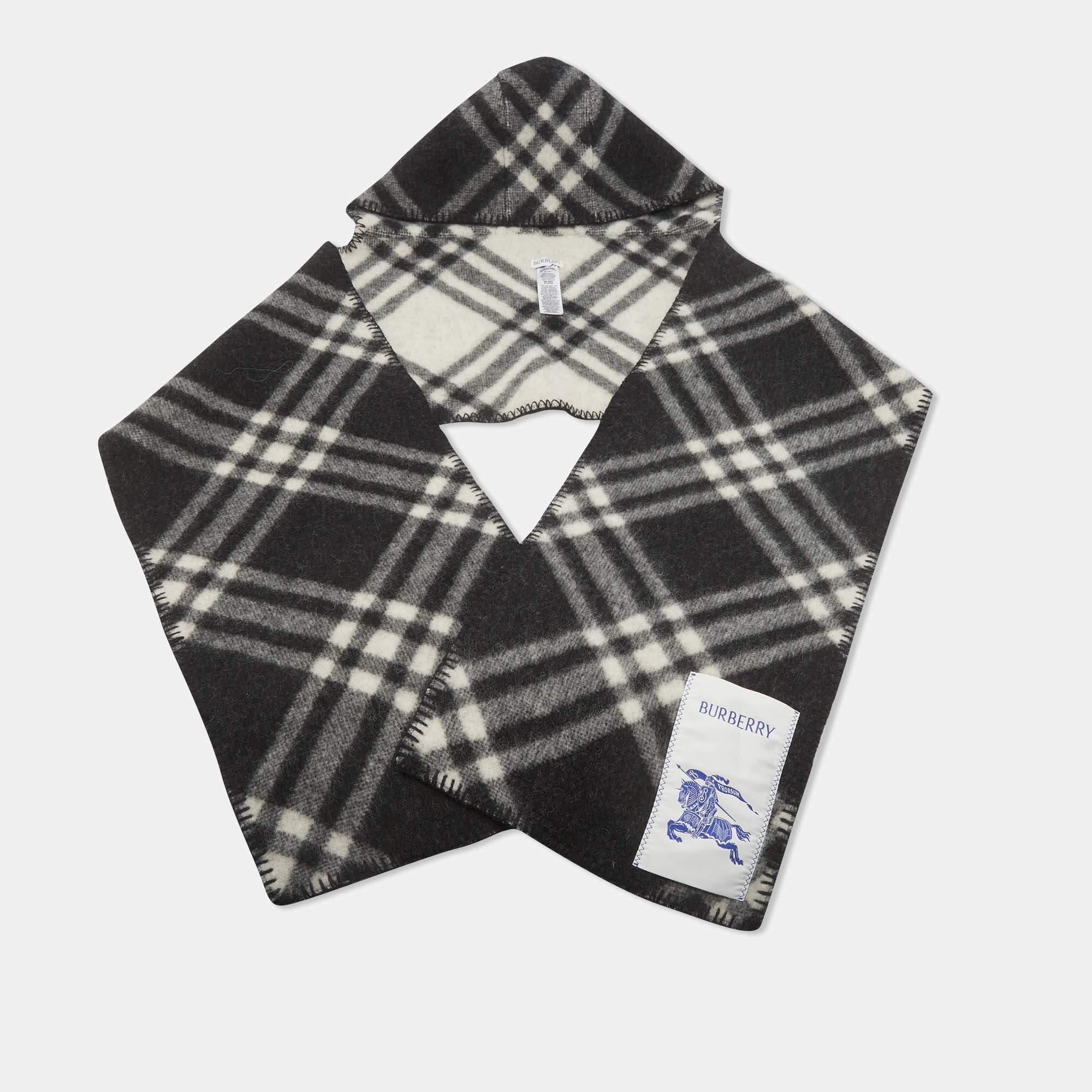 Pre Owned Burberry Grey Check Patterned Wool Hooded Scarf
