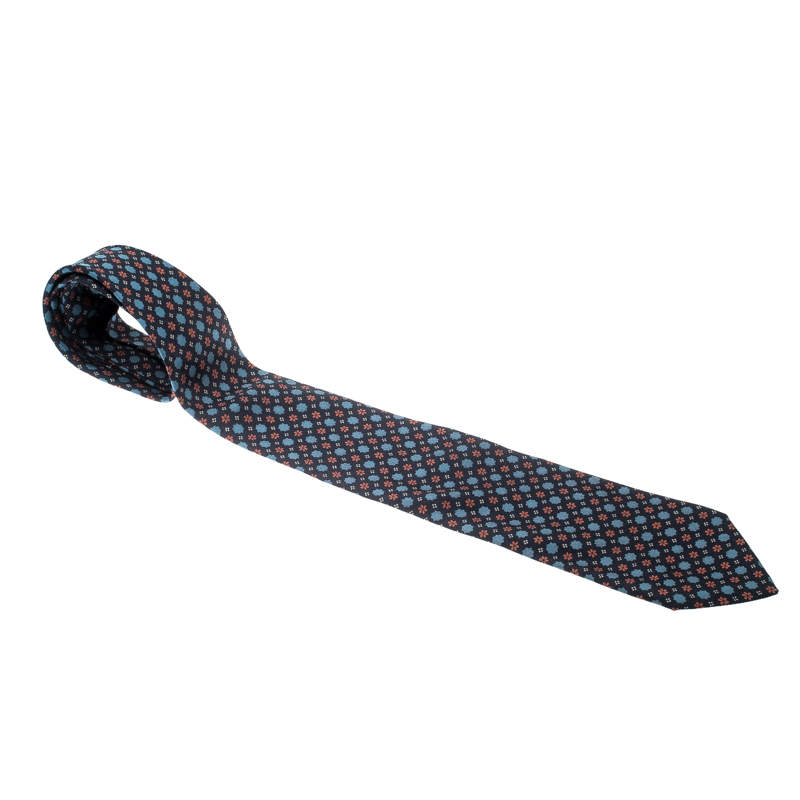 Pre Owned Burberry Vintage Navy Blue Floral Pattern Silk Tie 