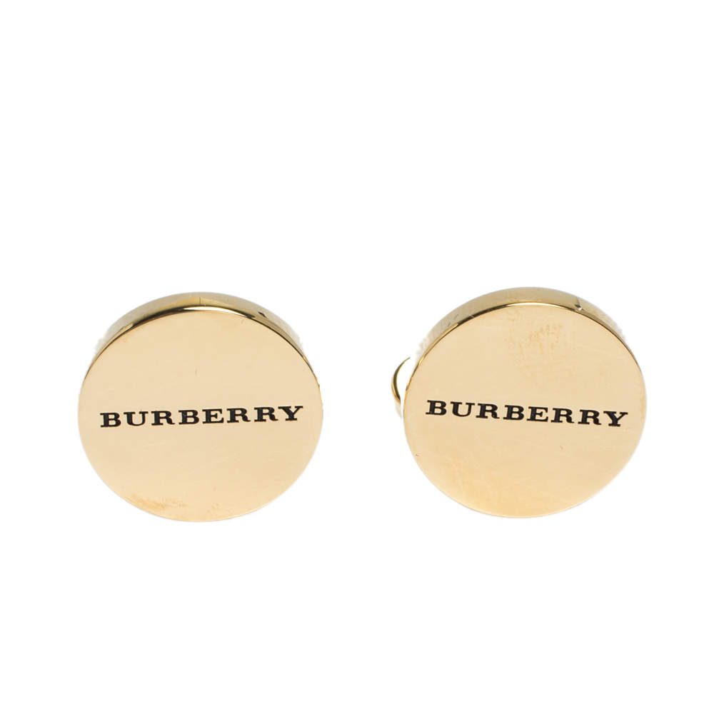 Burberry Logo Engraved Gold Tone Round Cufflinks