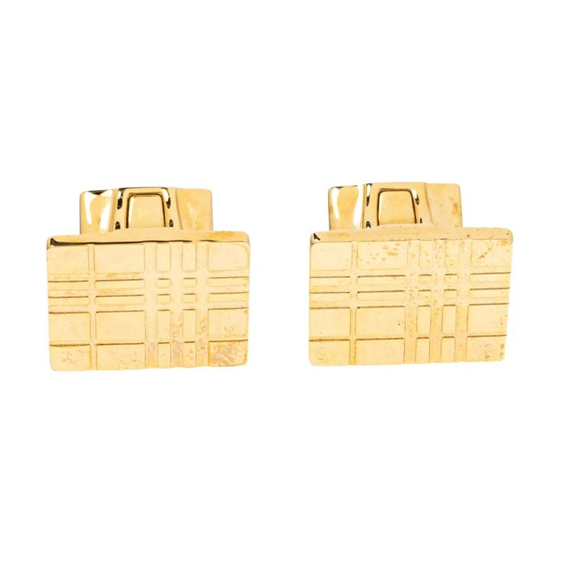 Burberry Gold Tone Check Patterned Cufflinks