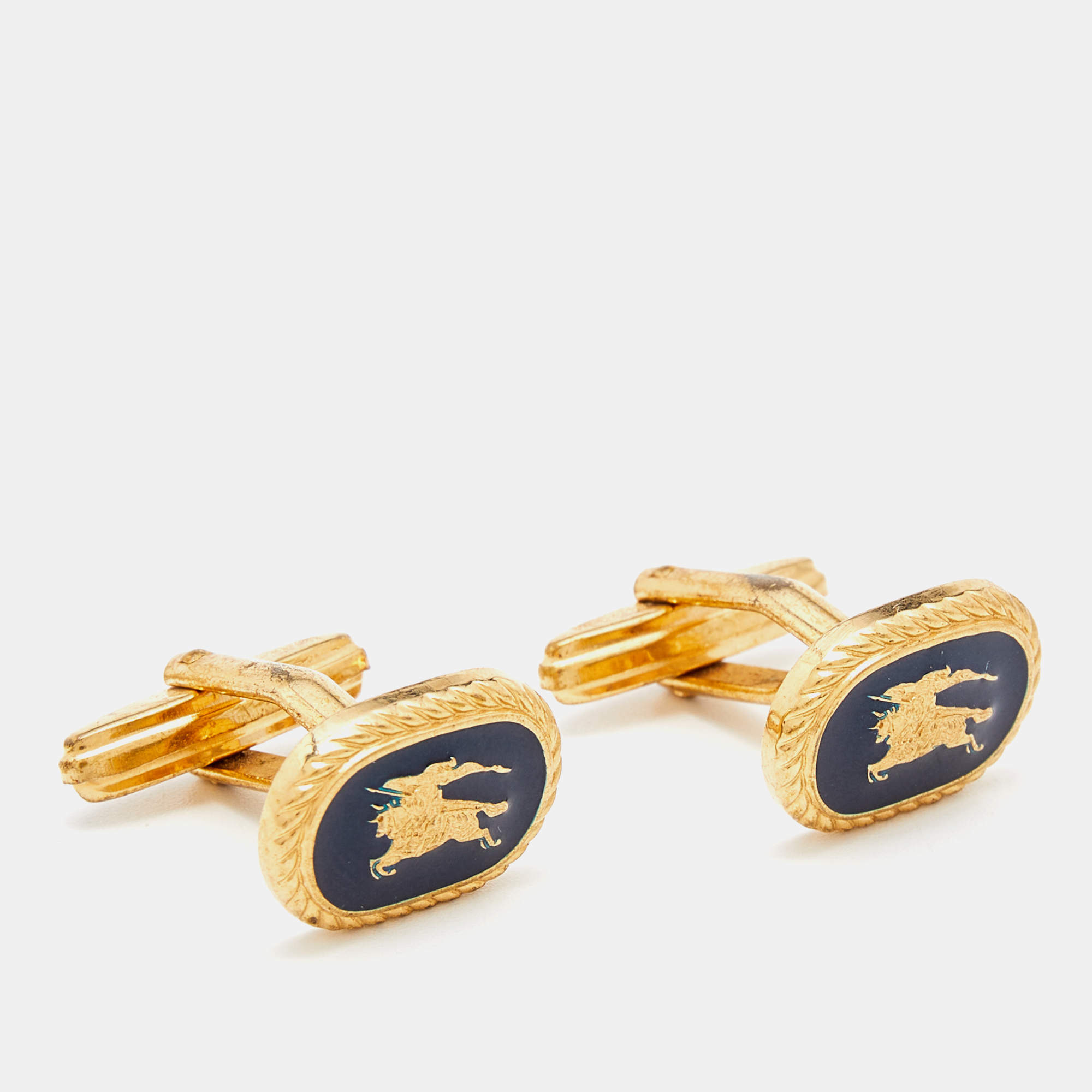 Pre Owned Burberrys Vintage Blue Lacquer Logo Oval Cufflinks