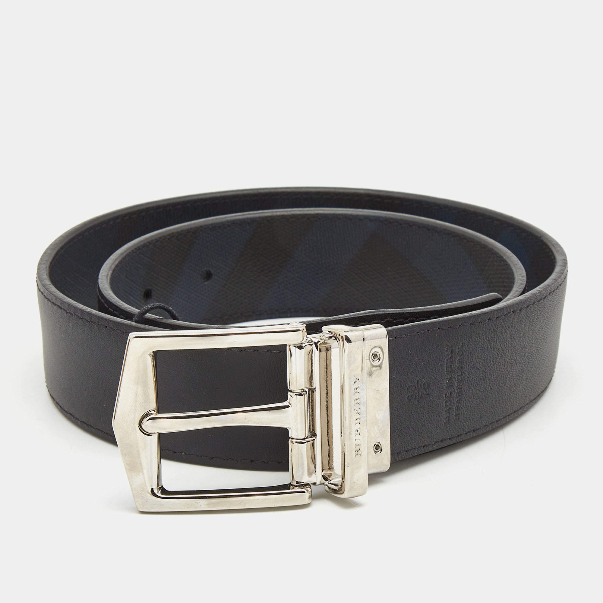 Burberry Navy Blue/Black Check Coated Canvas and Leather Buckle Reversible Belt 75CM