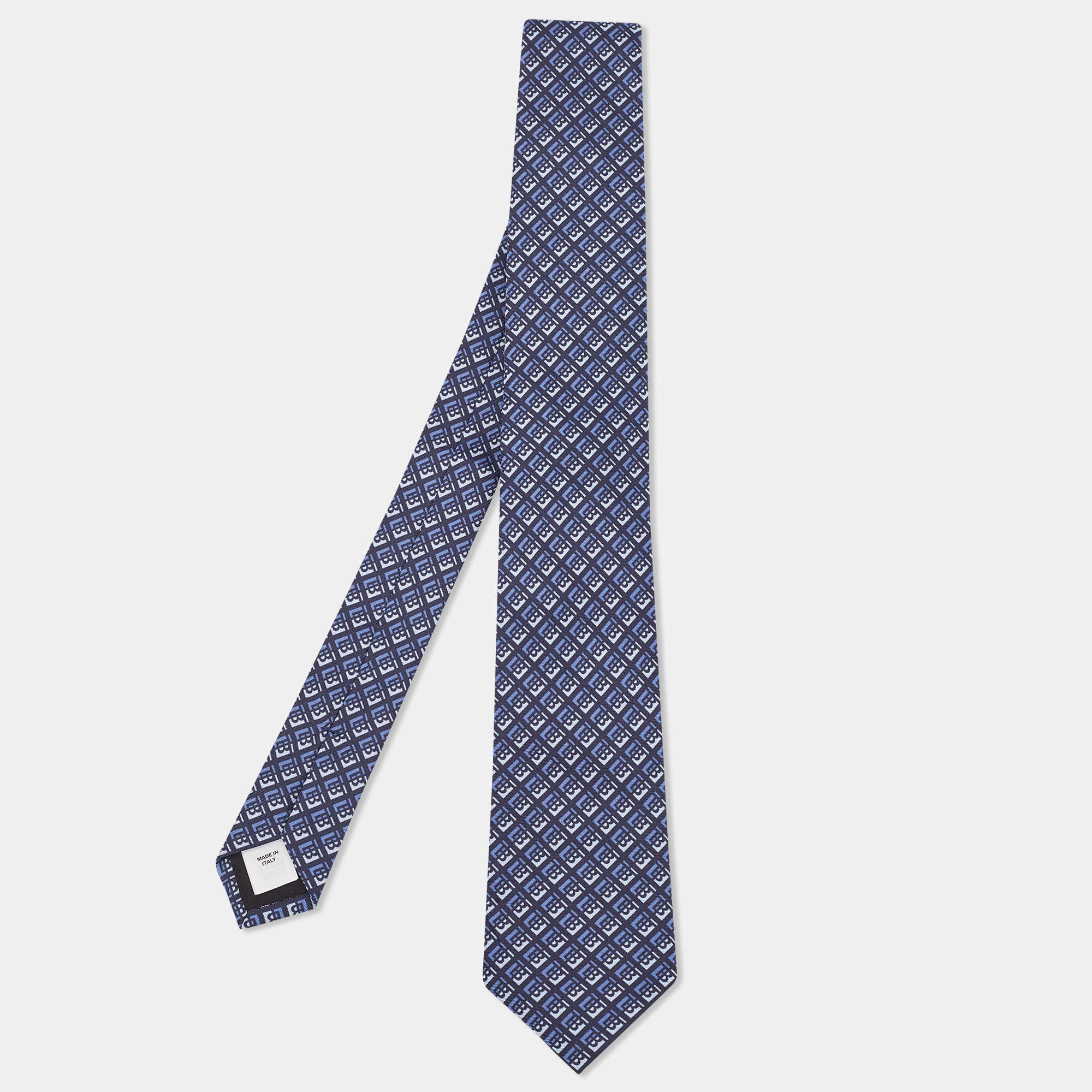 Pre Owned Burberry Blue Monogram Print Silk Tie