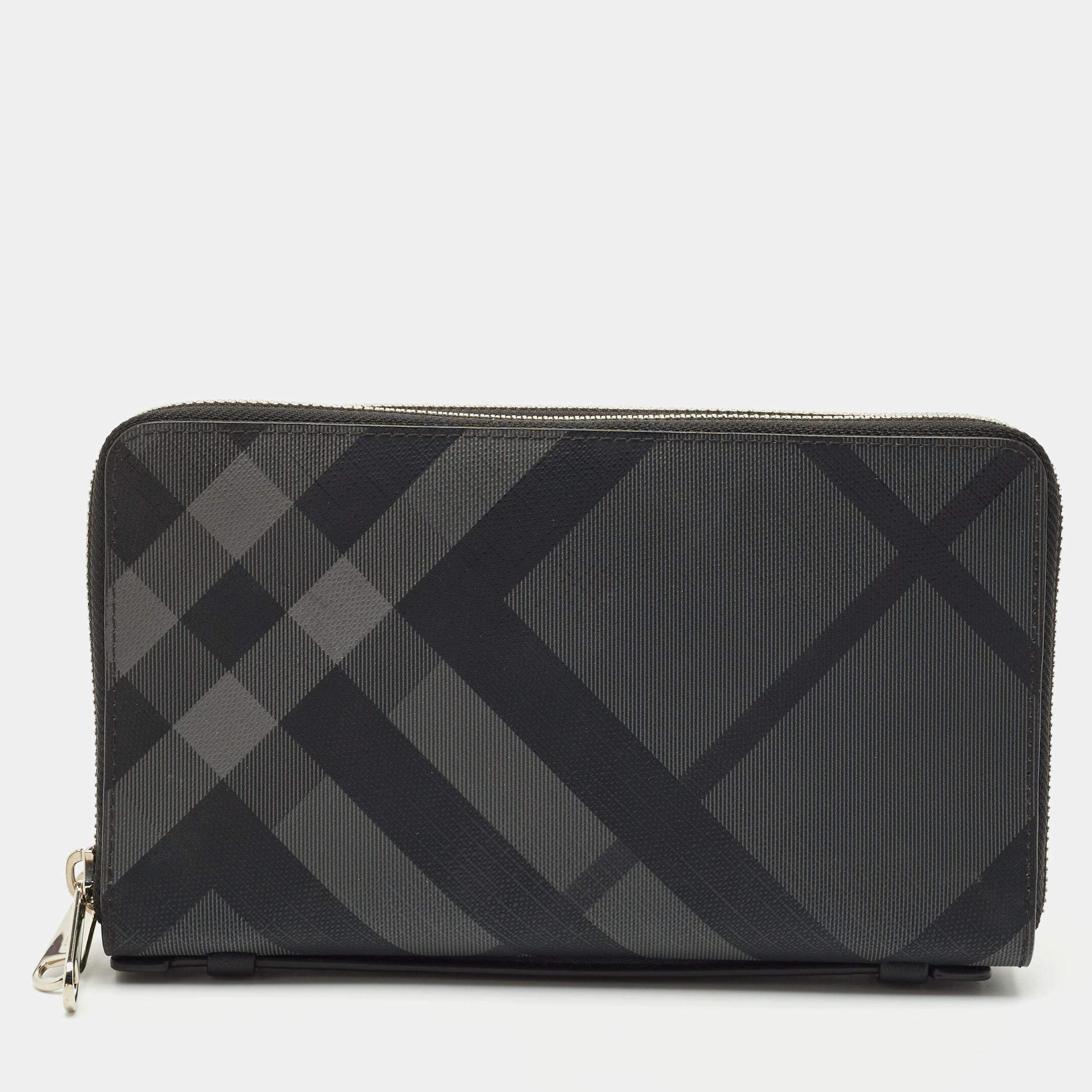 Burberry Black/Grey House Check PVC and Leather Reeves Double Zip Wallet