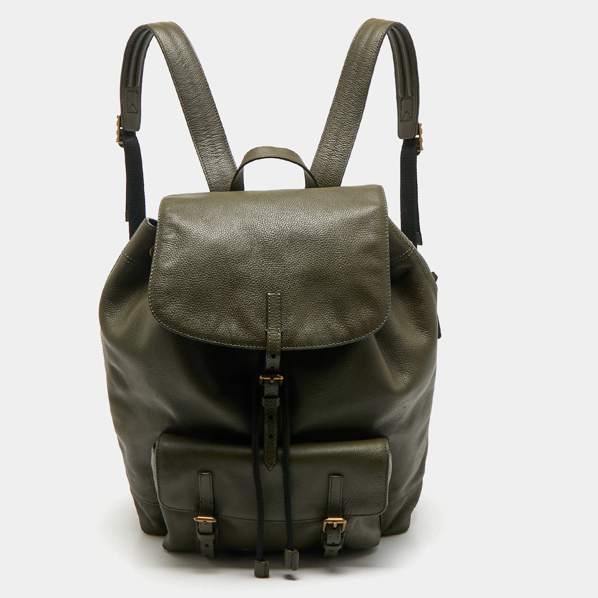 Pre Owned Burberry Military Green Leather Drawstring Backpack