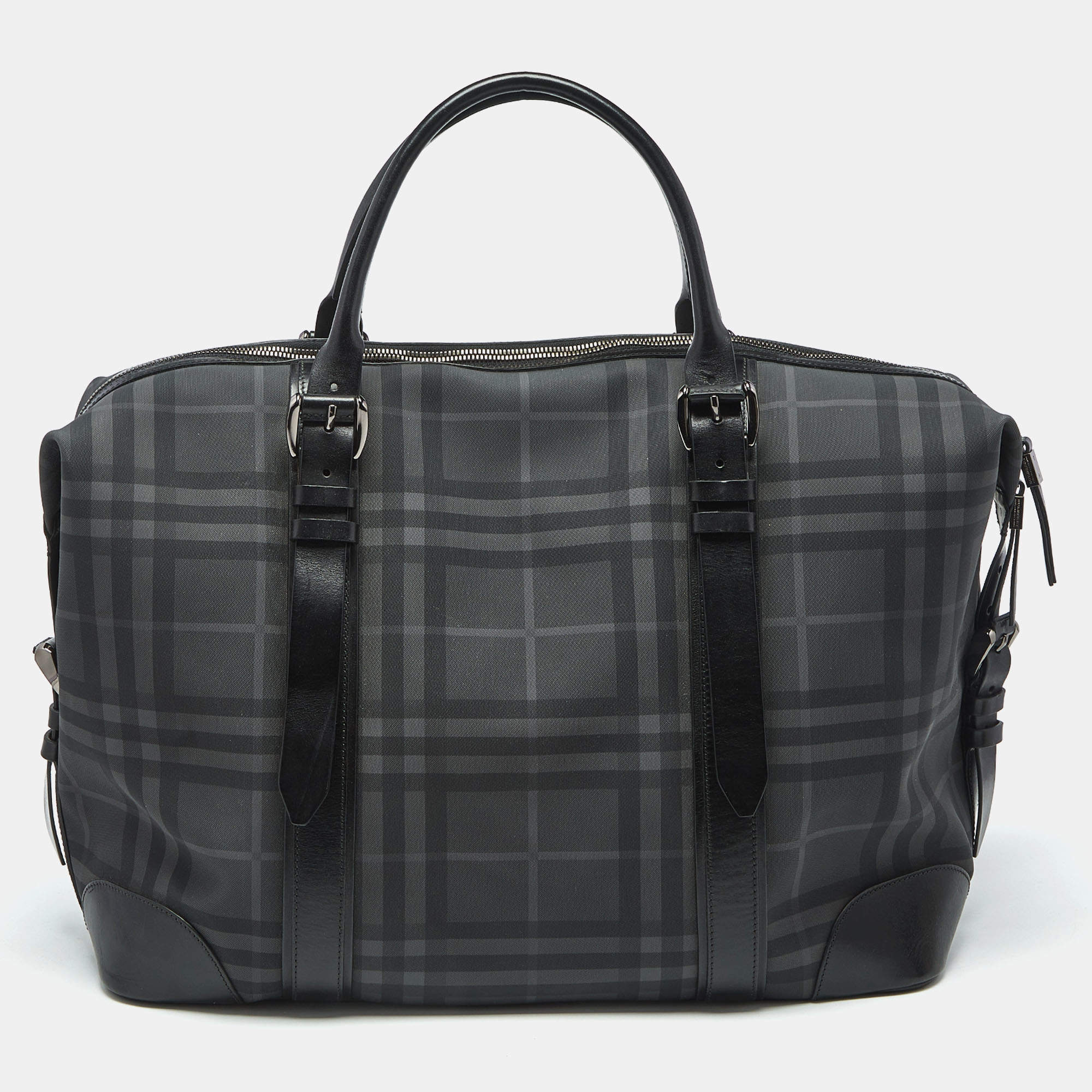 Pre Owned Burberry Black Check Coated Canvas and Leather Duffle Bag