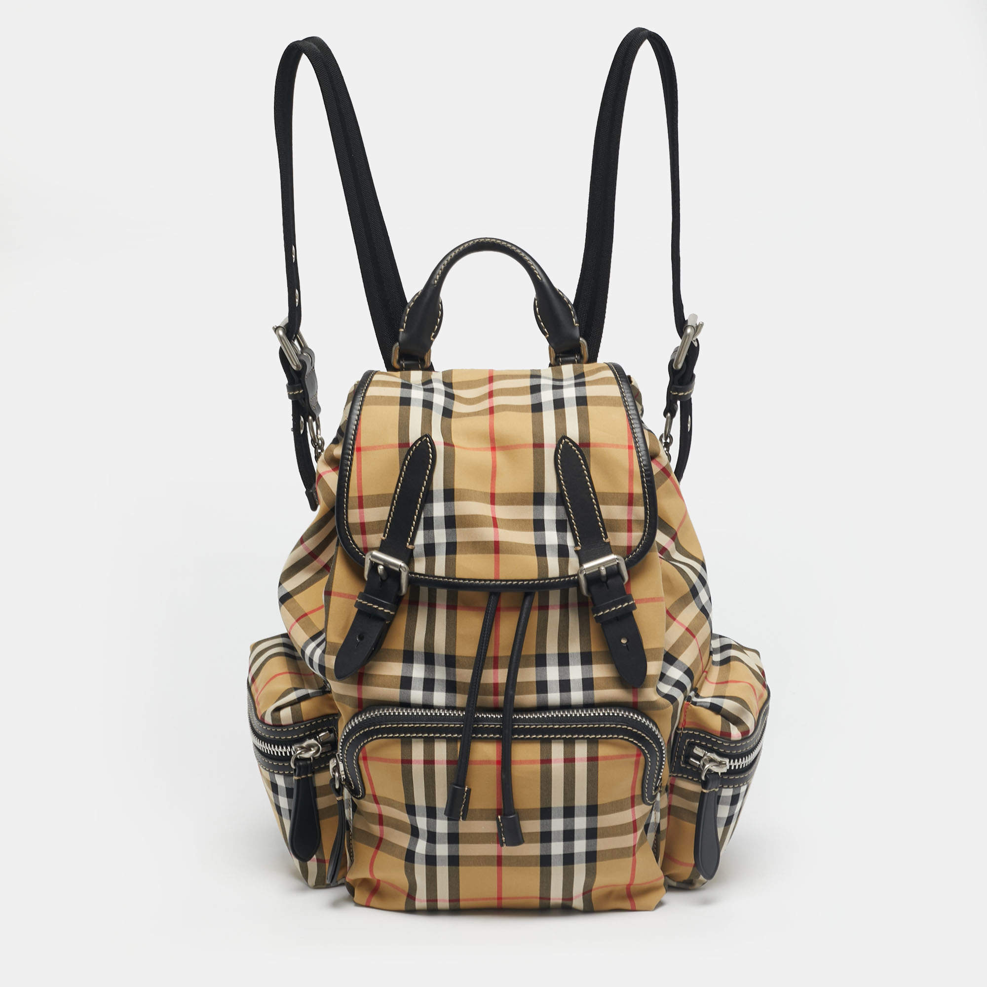 Pre Owned Burberry Beige/Black House Check Fabric and Leather Rucksack Backpack