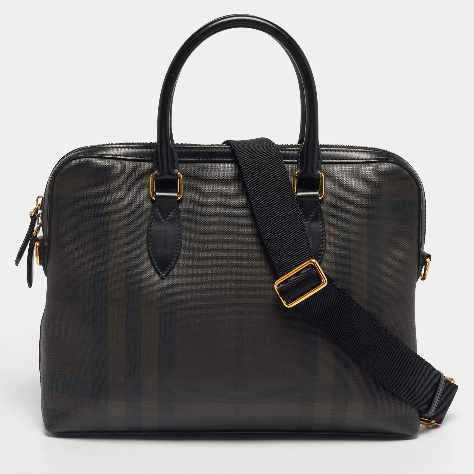 Pre Owned Burberry Brown/Black Smoked Check Coated Canvas and Leather The Barrow Briefcase