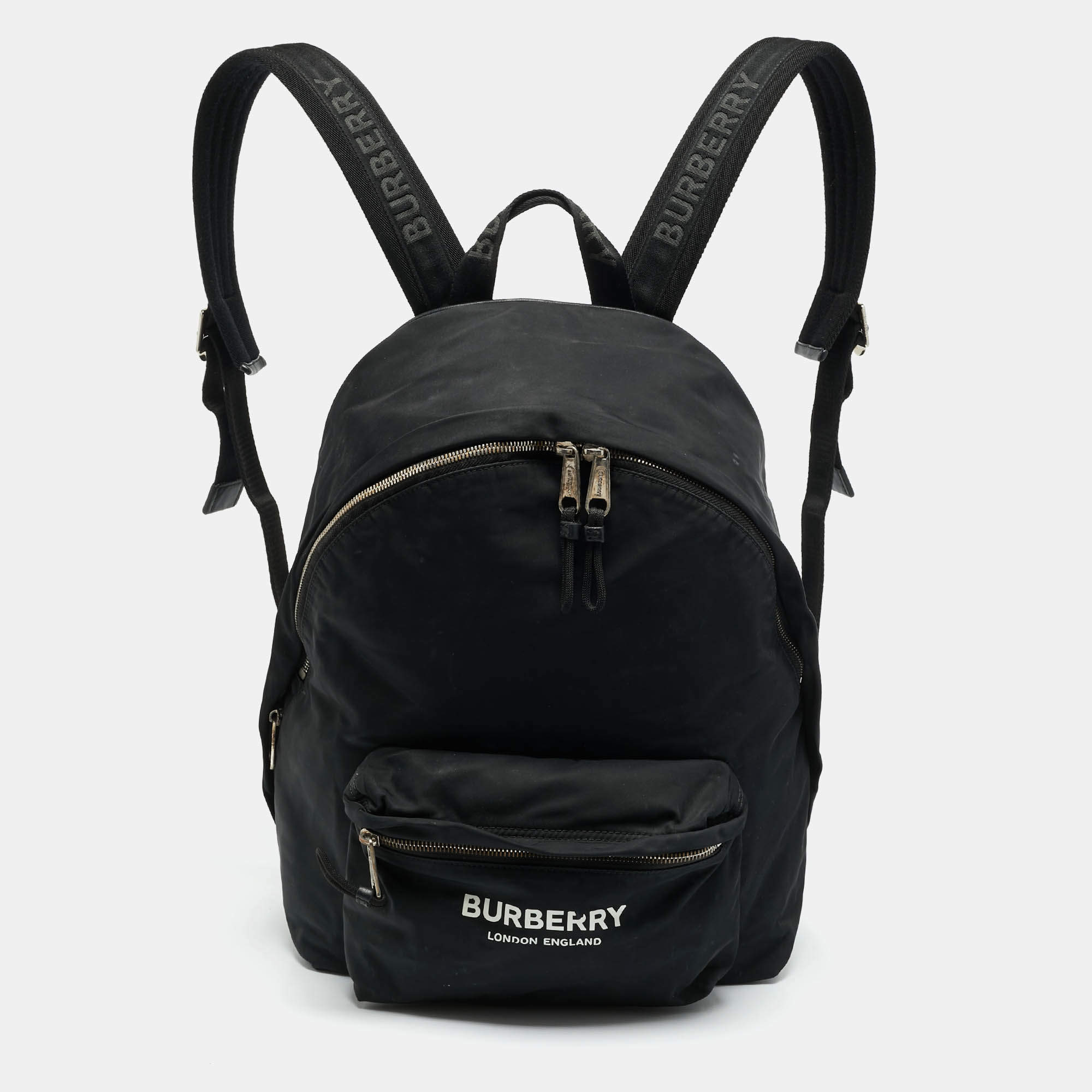 Pre Owned Burberry Black Nylon Logo Print Backpack