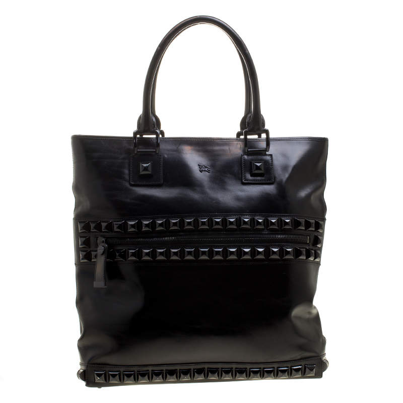 Burberry Black Glazed Leather Studded Tote 